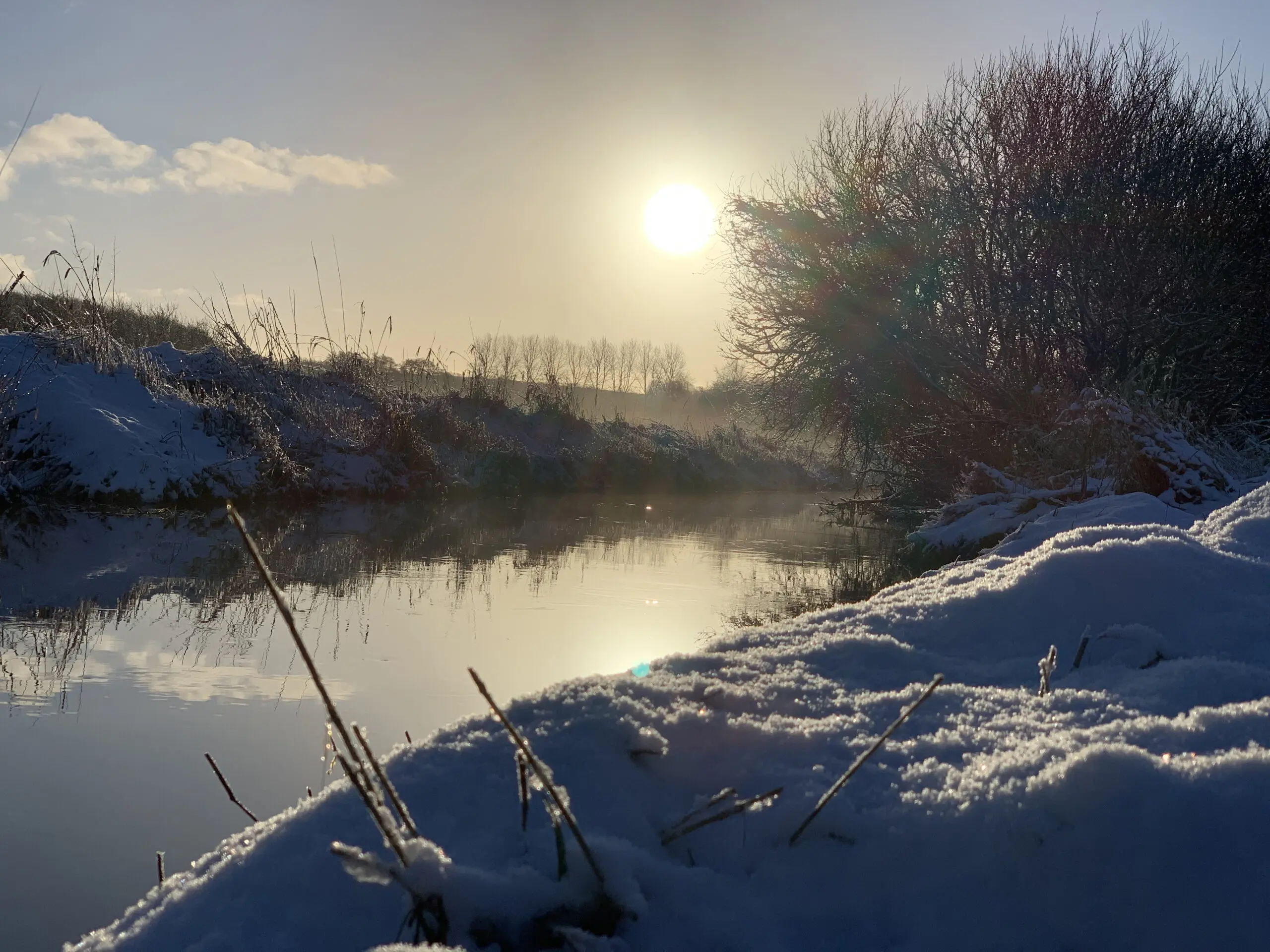 Smukt vinterlandskab med solskin over en spejlblank å ved Hvisker med heste.