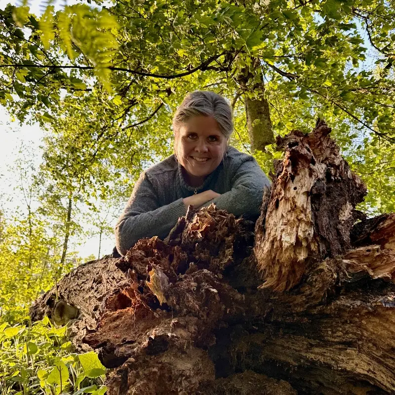 Portræt af Manja fra Hvisker med Heste bag en træstamme i naturen.